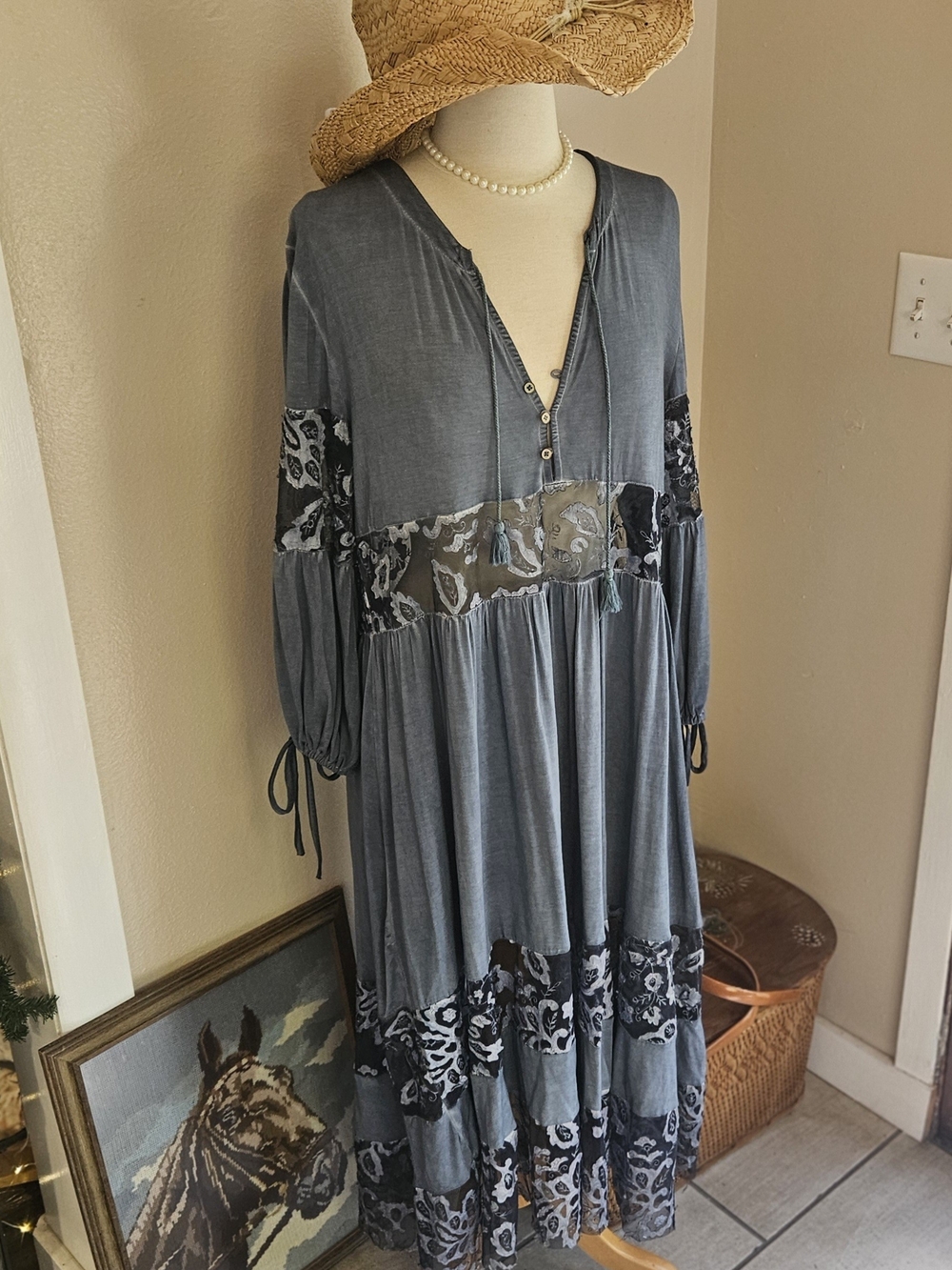 Lovely Slate Blue Boho Tiered Dress with Lace